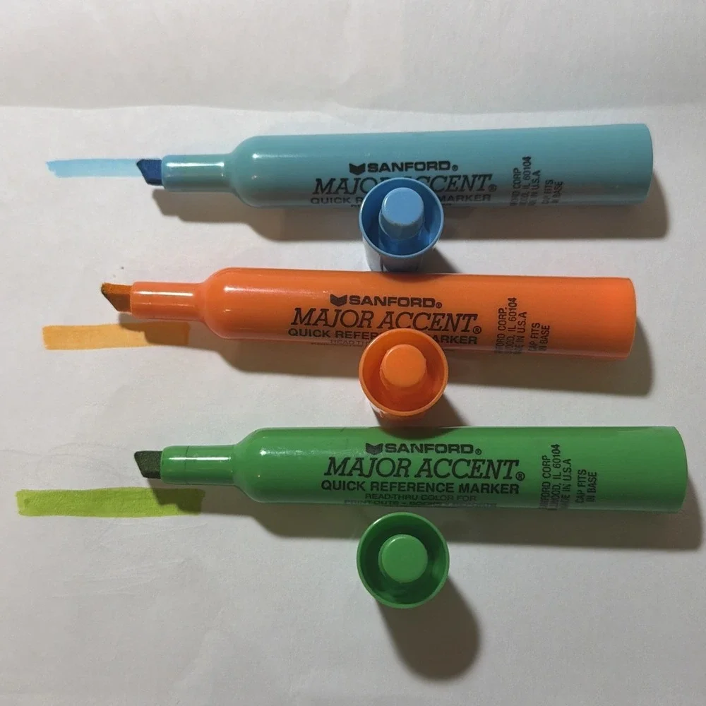 Vintage Sanford Major Accent Highlighters Set Broad Point Dk Blue Lt Blue Orange
